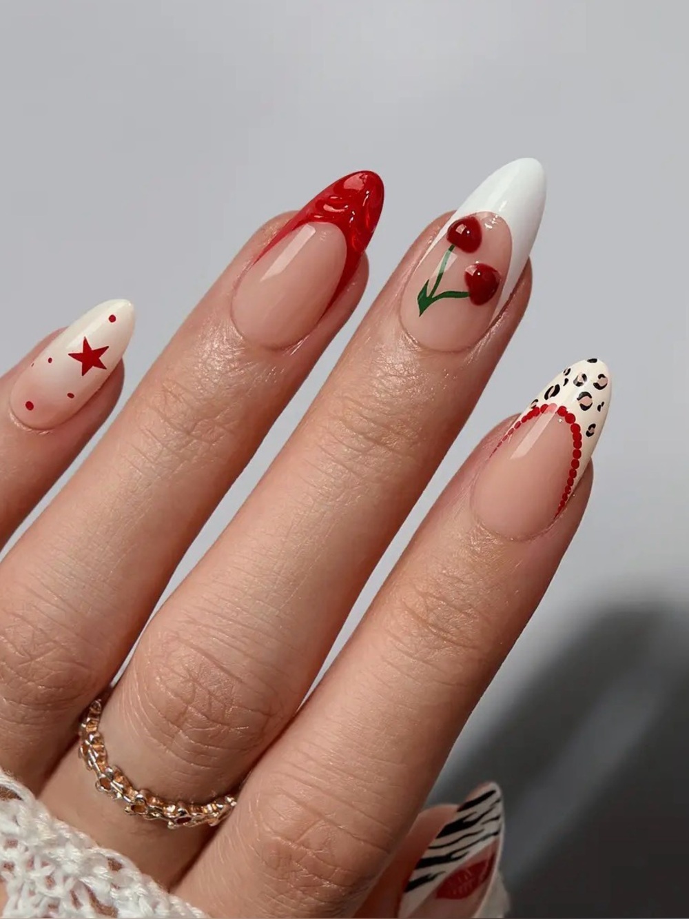 A416. BTArtbox 3D Cherry Red French Tip Nails - Medium Almond Press On Nails